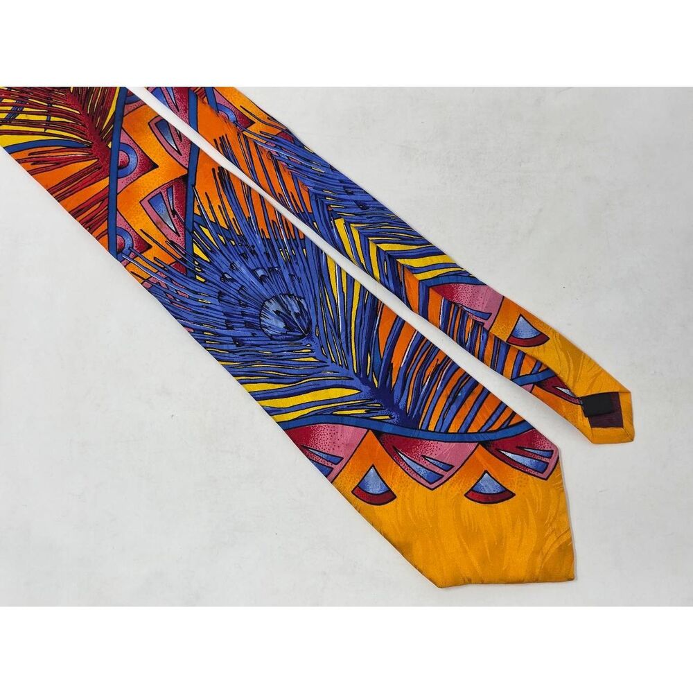 RUSH LIMBAUGH NO BOUNDARIES SILK TIE ORANGE BLUE PEACOCK FEATHER 3.7" X 63" LONG